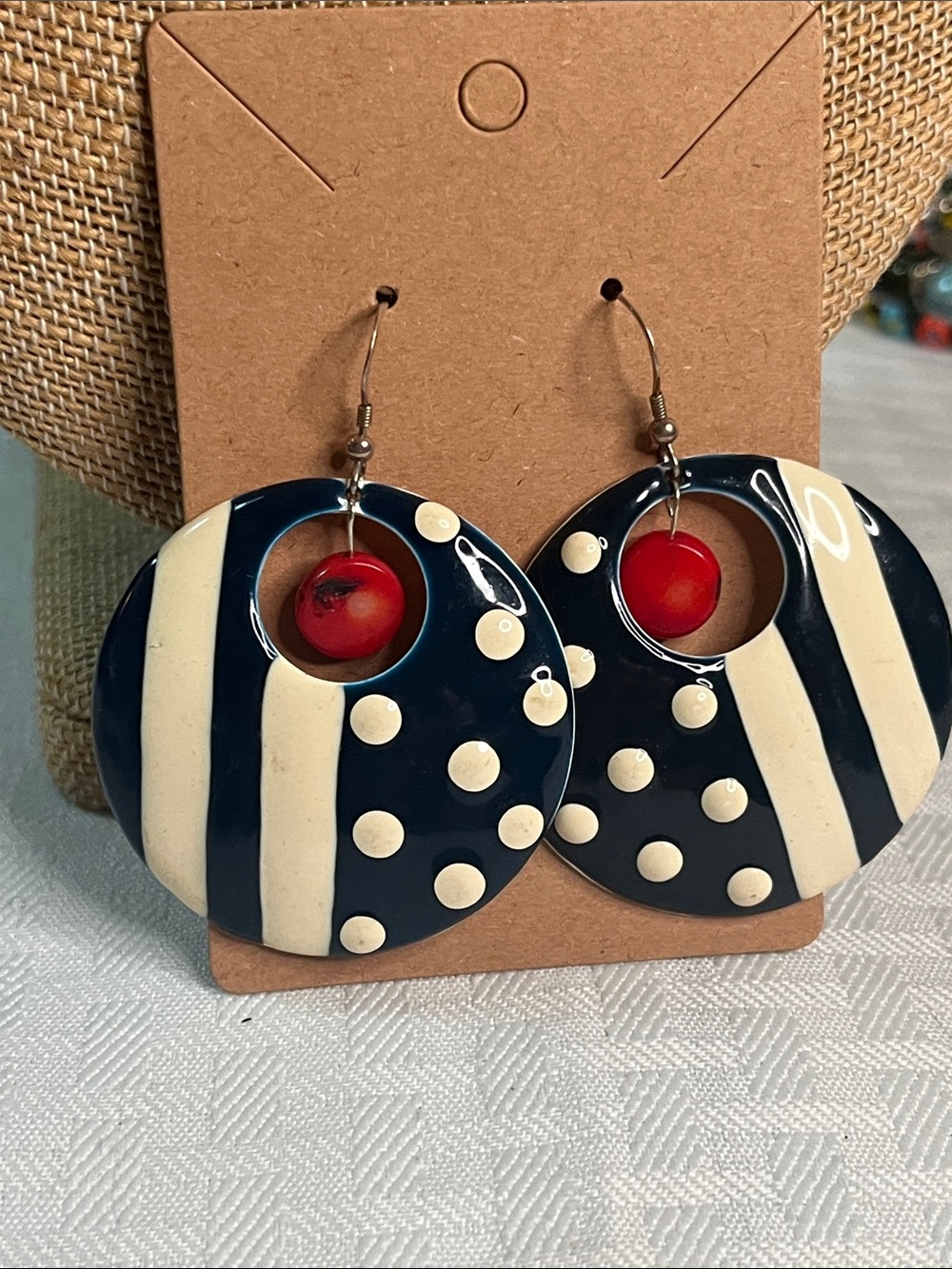 Navy Blue & Cream Polka Dot Stripe Hoop Earrings with Red Accent